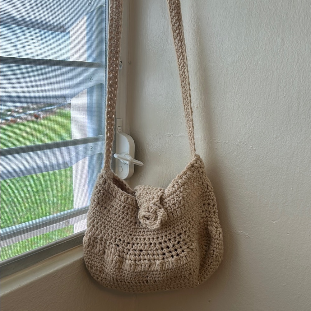 Handmade Cream Crochet Shoulder Bag with Braided Strap